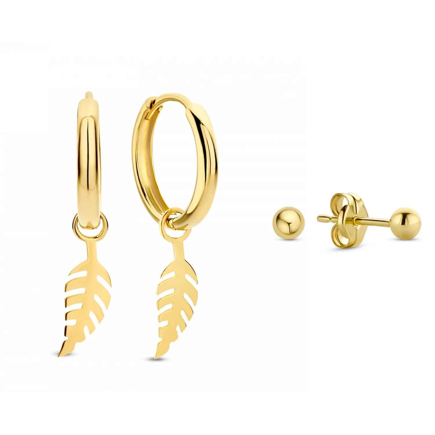 New Cadeau d'Isabel 14 karaat gouden oorbellen set met veertje Oorbellen Sets | Creolen