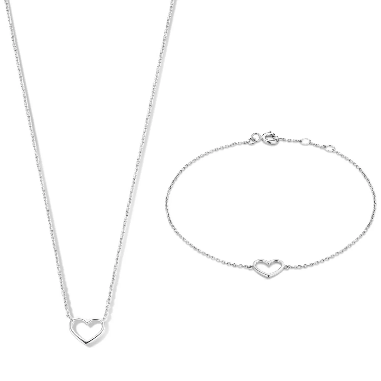 Clearance Cadeau d'Isabel 14 karaat witgouden collier en armband giftset met hartje Hartjes Colliers | Hartjes Armbanden
