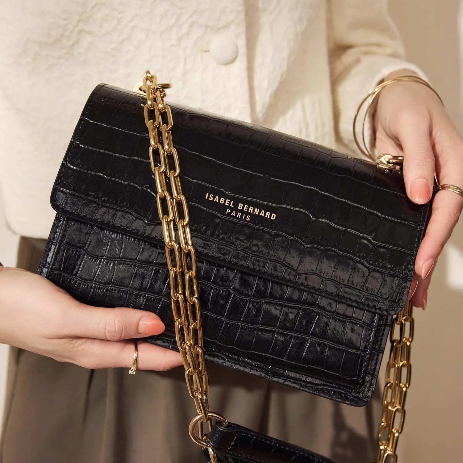 Online Femme Forte Valerie croco zwarte leren schoudertas van kalfsleer Schoudertassen | Crossbody Tassen