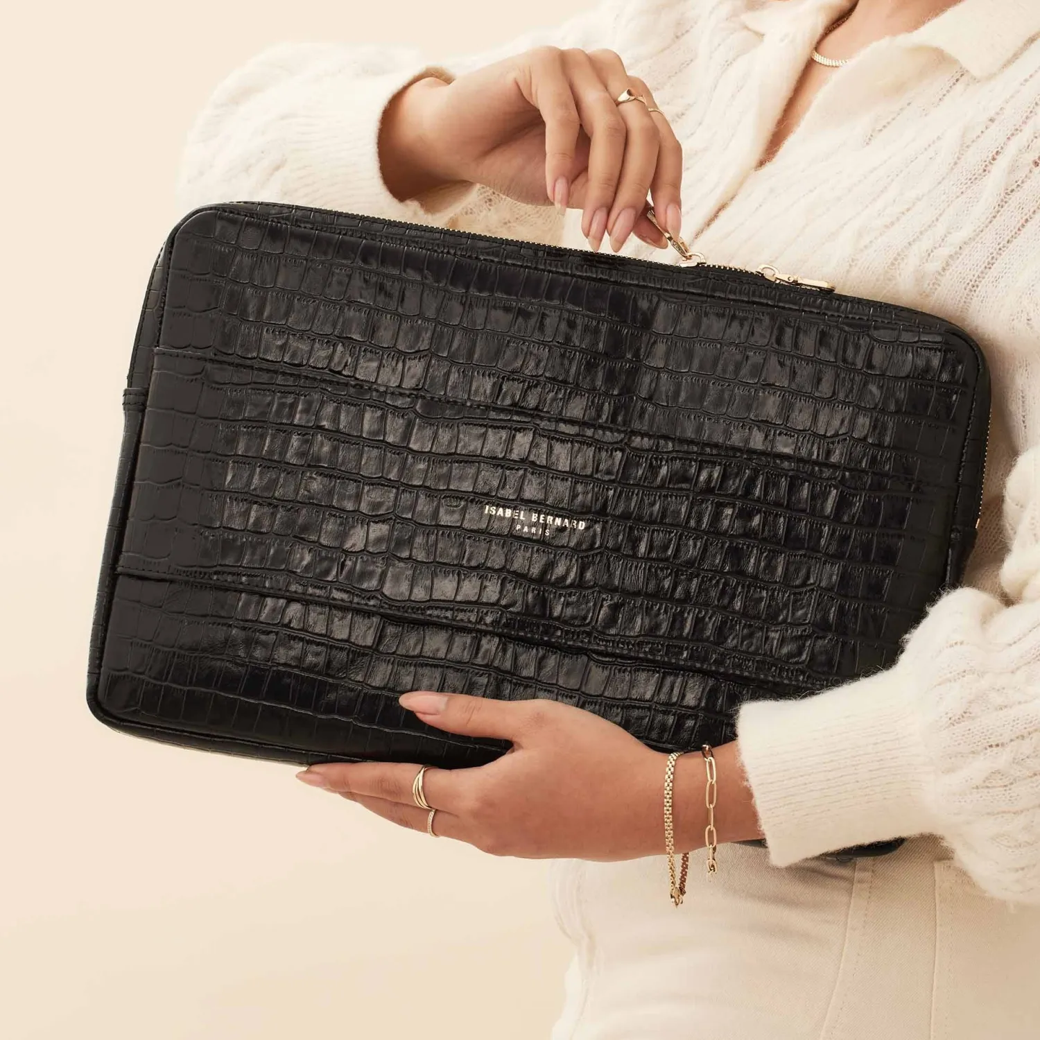 Online Honoré Caress croco zwarte leren laptop hoes van kalfsleer Laptophoezen | Laptophoezen