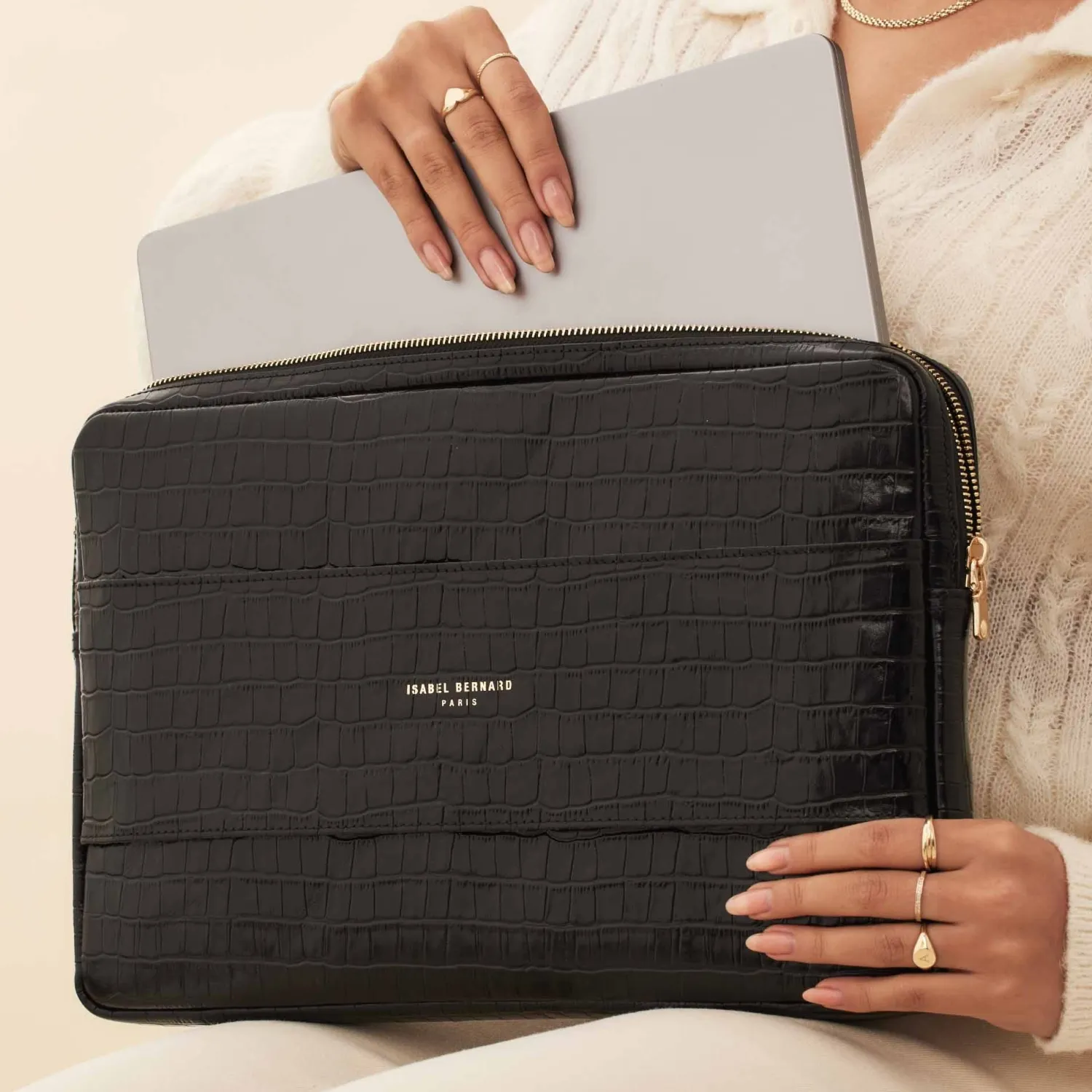 Online Honoré Caress croco zwarte leren laptop hoes van kalfsleer Laptophoezen | Laptophoezen