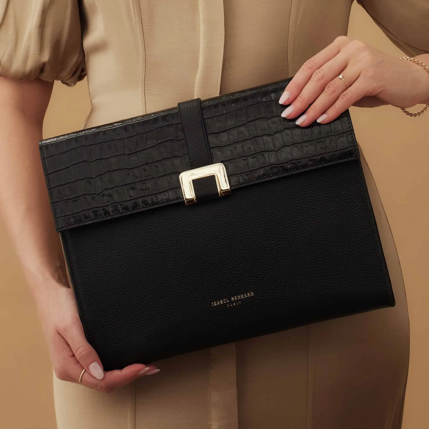 Discount Honoré Clara croco zwarte leren laptop hoes van kalfsleer met schouderriem Laptophoezen | Laptophoezen