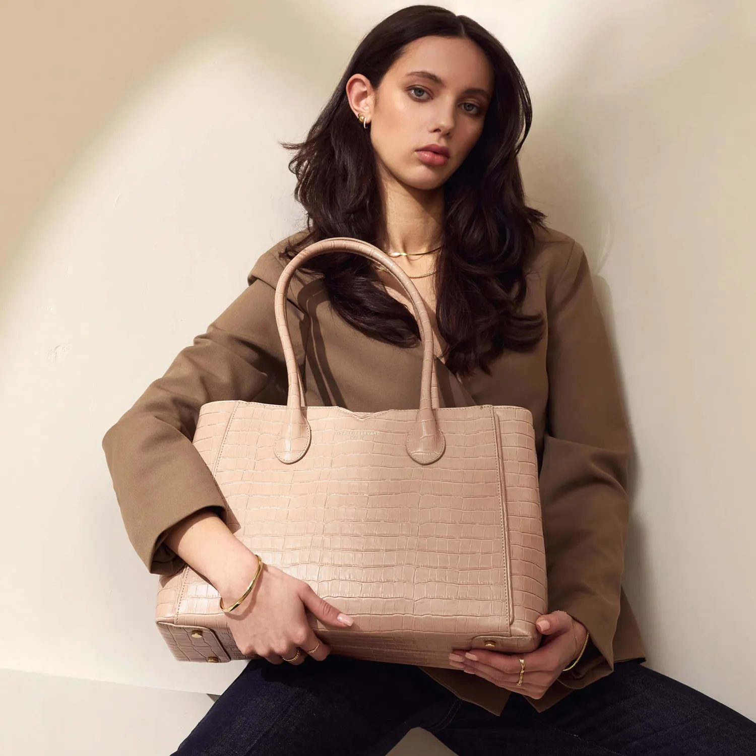 New Honoré Cloe Midi croco beige leren handtas van kalfsleer Handtassen