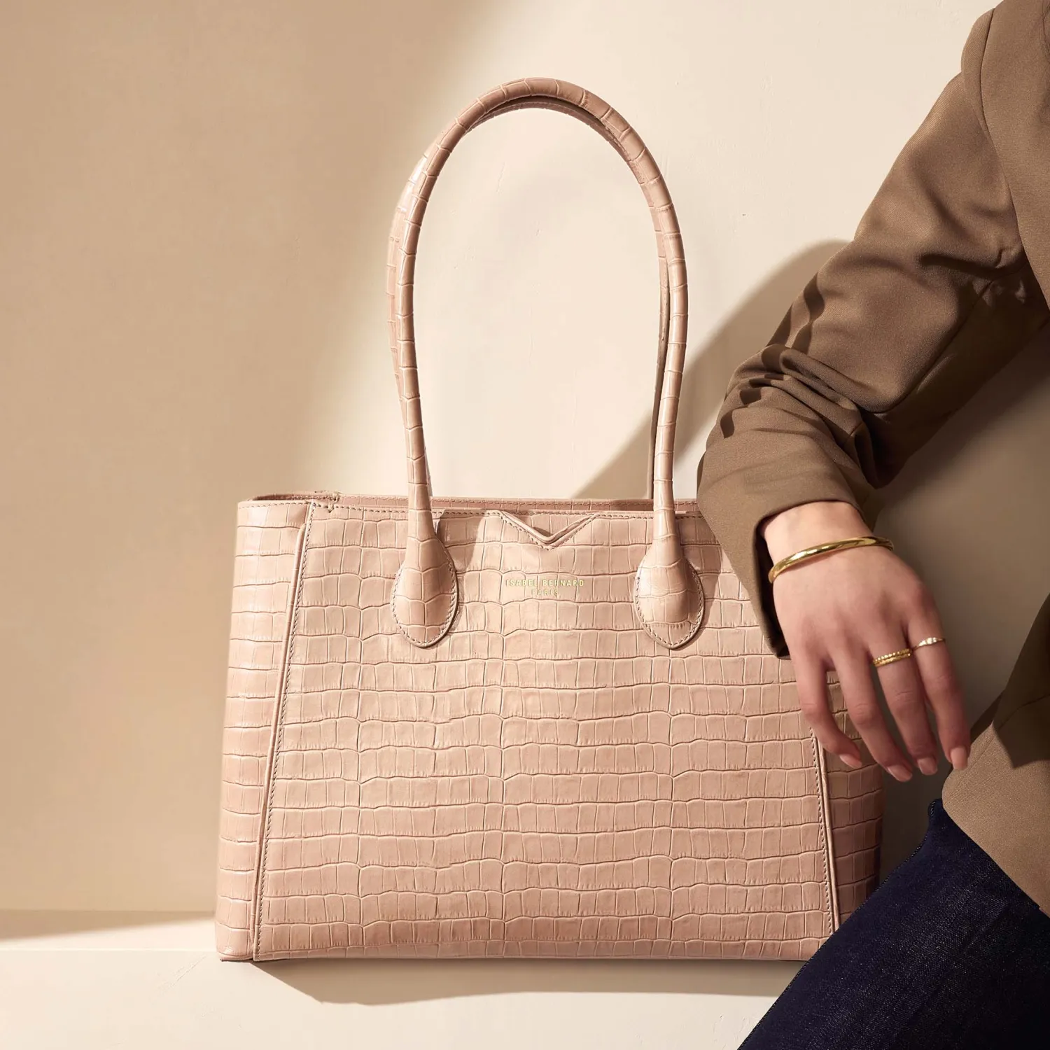 New Honoré Cloe Midi croco beige leren handtas van kalfsleer Handtassen