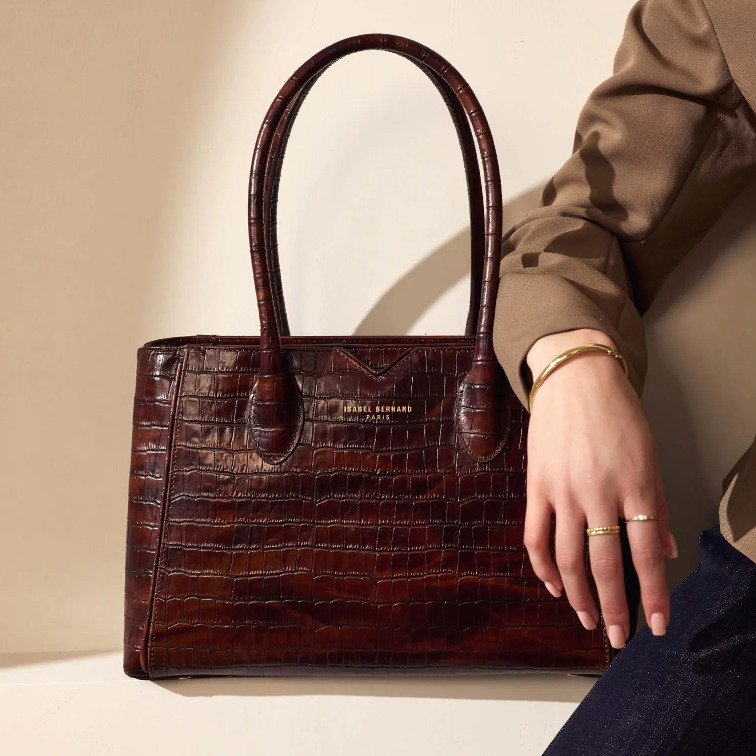 Flash Sale Honoré Cloe Midi croco bruine leren handtas van kalfsleer Handtassen