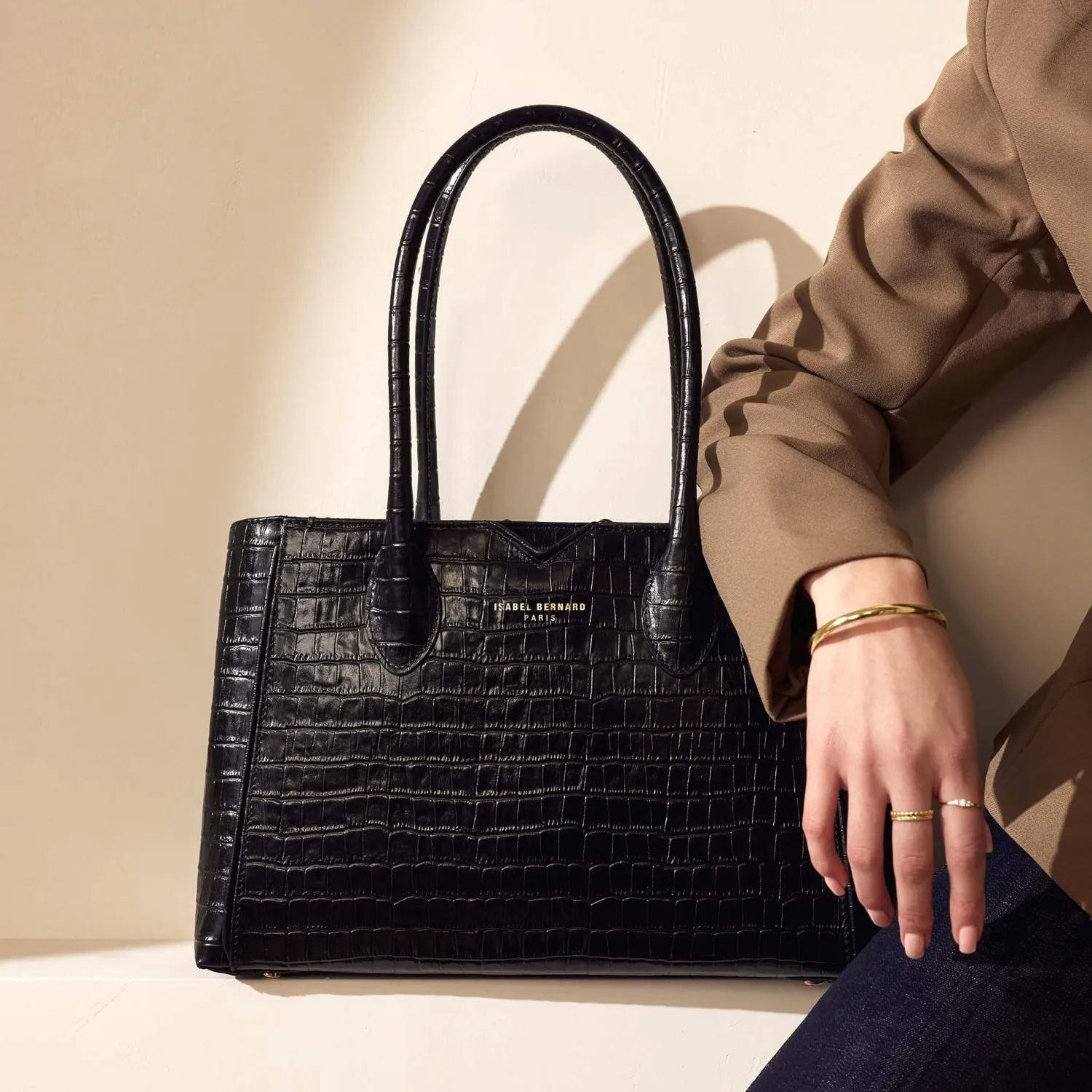 Online Honoré Cloe Midi croco zwarte leren handtas van kalfsleer Handtassen