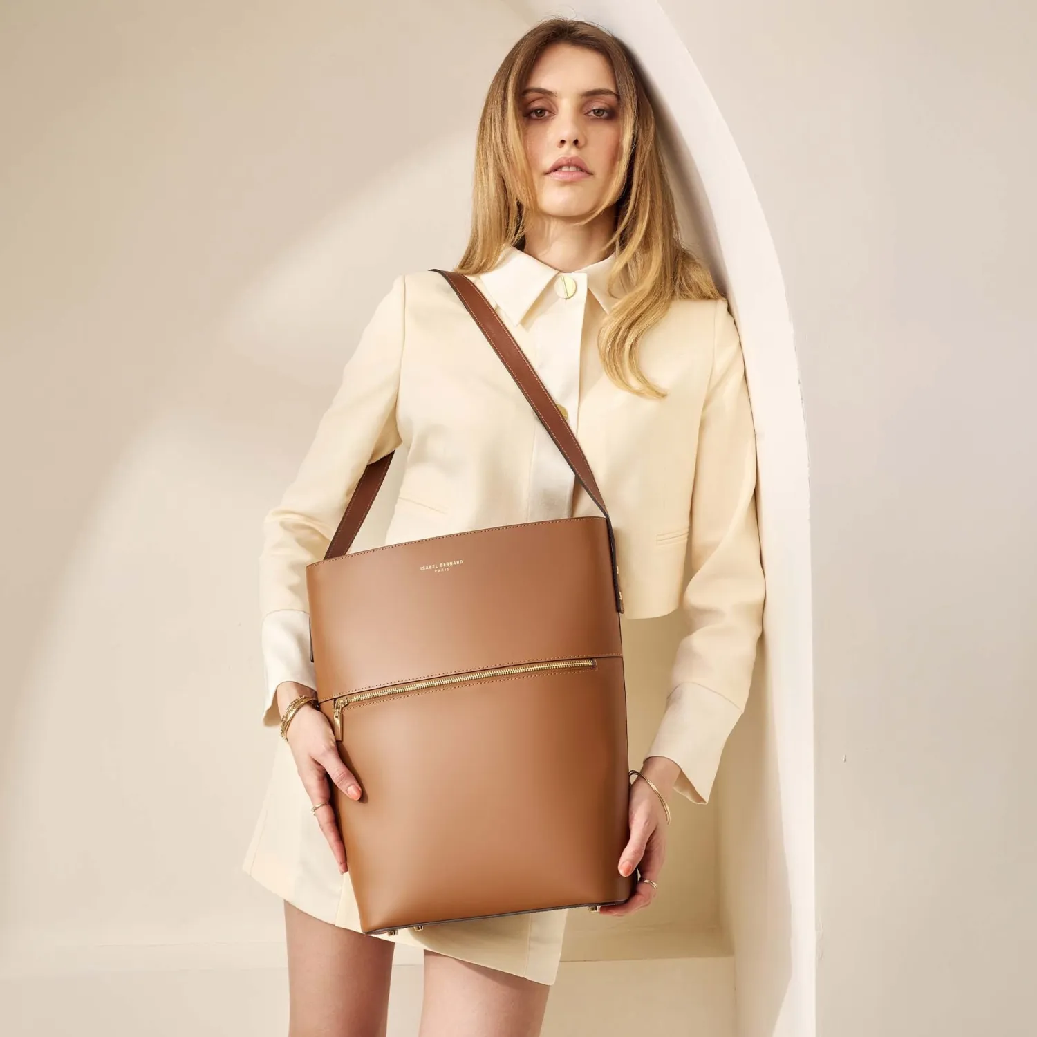 New Honoré Flora camel leren schoudertas van kalfsleer met laptopvak Laptoptassen | Schoudertassen