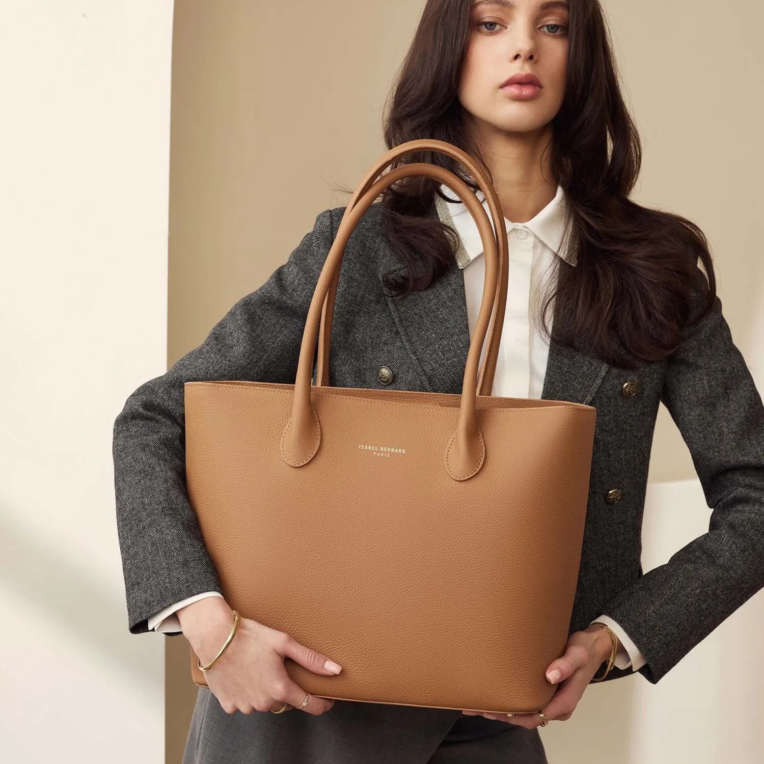 Discount Honoré Lysanne camel leren shopper van kalfsleer Shoppers | Schoudertassen